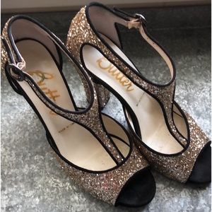 Anthropologie Cava T-Straps Gold Glitter Heels By Butter Used w/Original Box